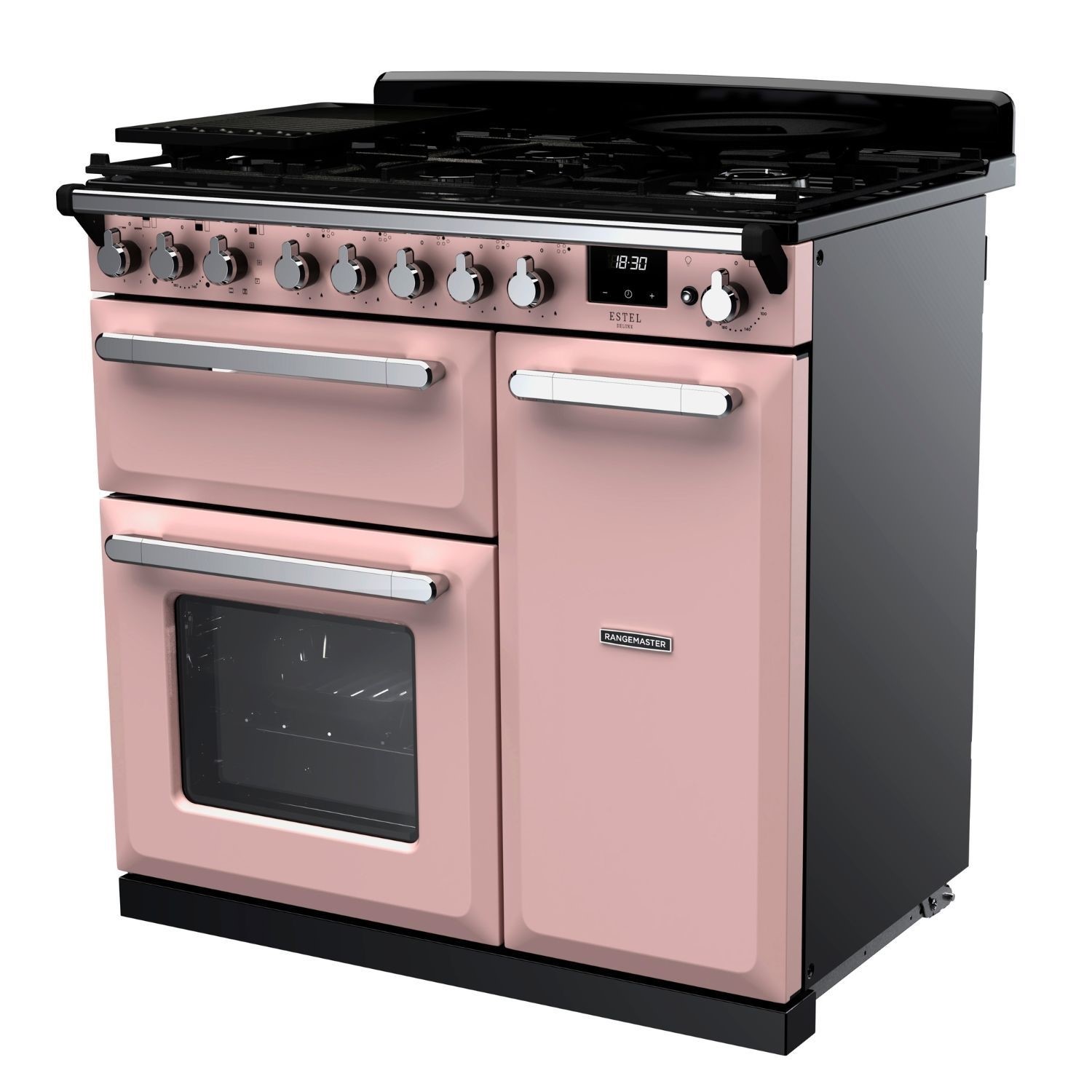 Rangemaster Estel Deluxe 90cm Dual Fuel Range Cooker - Pale Pink + Chrome - Image 3