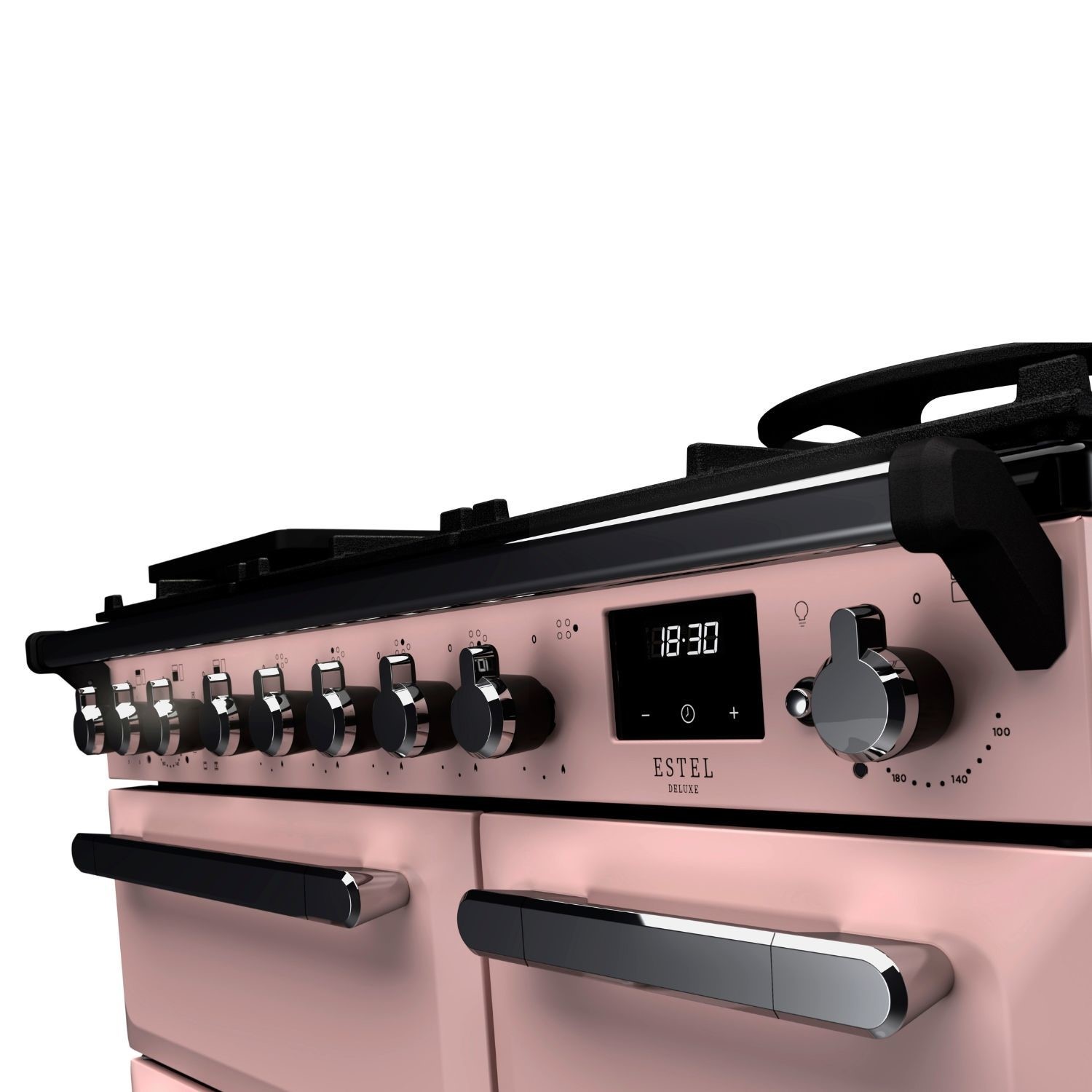 Rangemaster Estel Deluxe 90cm Dual Fuel Range Cooker - Pale Pink + Chrome - Image 2