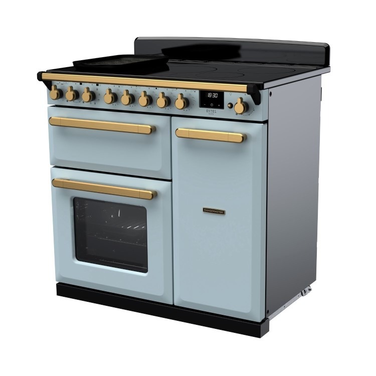 Rangemaster Estel Deluxe 90cm Induction Range Cooker - Misty Blue + Brass - Image 2