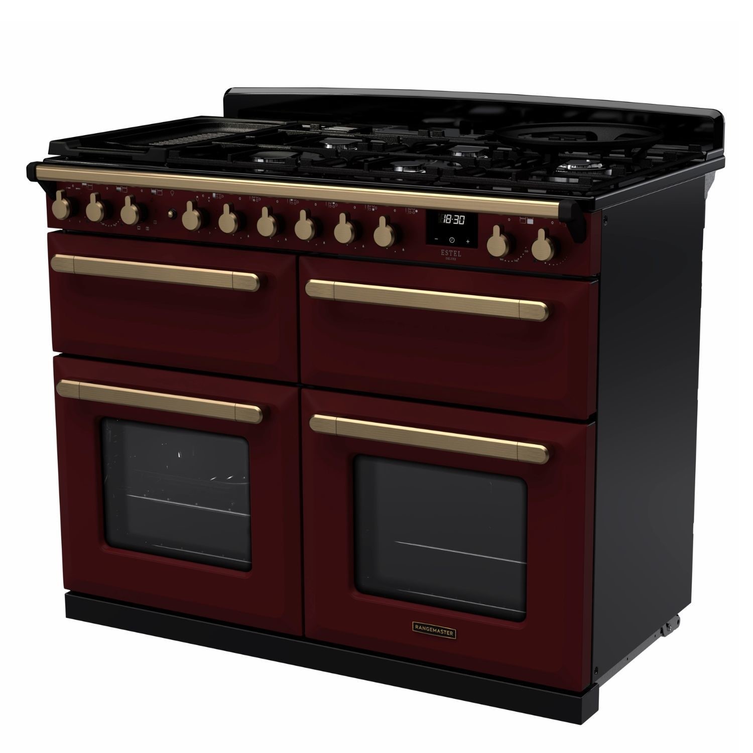 Rangemaster Estel Deluxe 110cm Dual Fuel Range Cooker - Bordeaux + Brass - Image 3