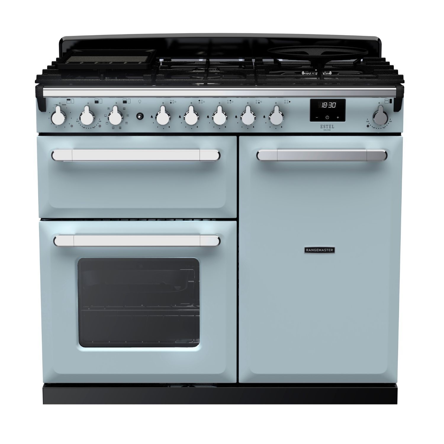 Rangemaster Estel Deluxe 100cm Dual Fuel Range Cooker - Misty Blue + Chrome