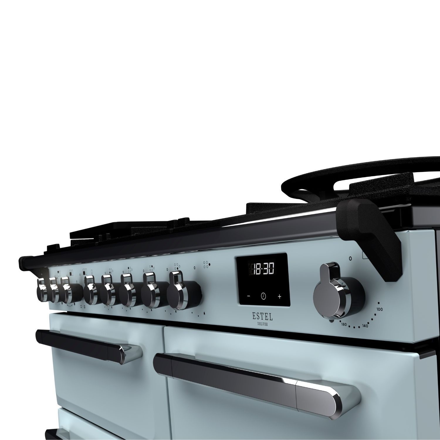 Rangemaster Estel Deluxe 100cm Dual Fuel Range Cooker - Misty Blue + Chrome - Image 2
