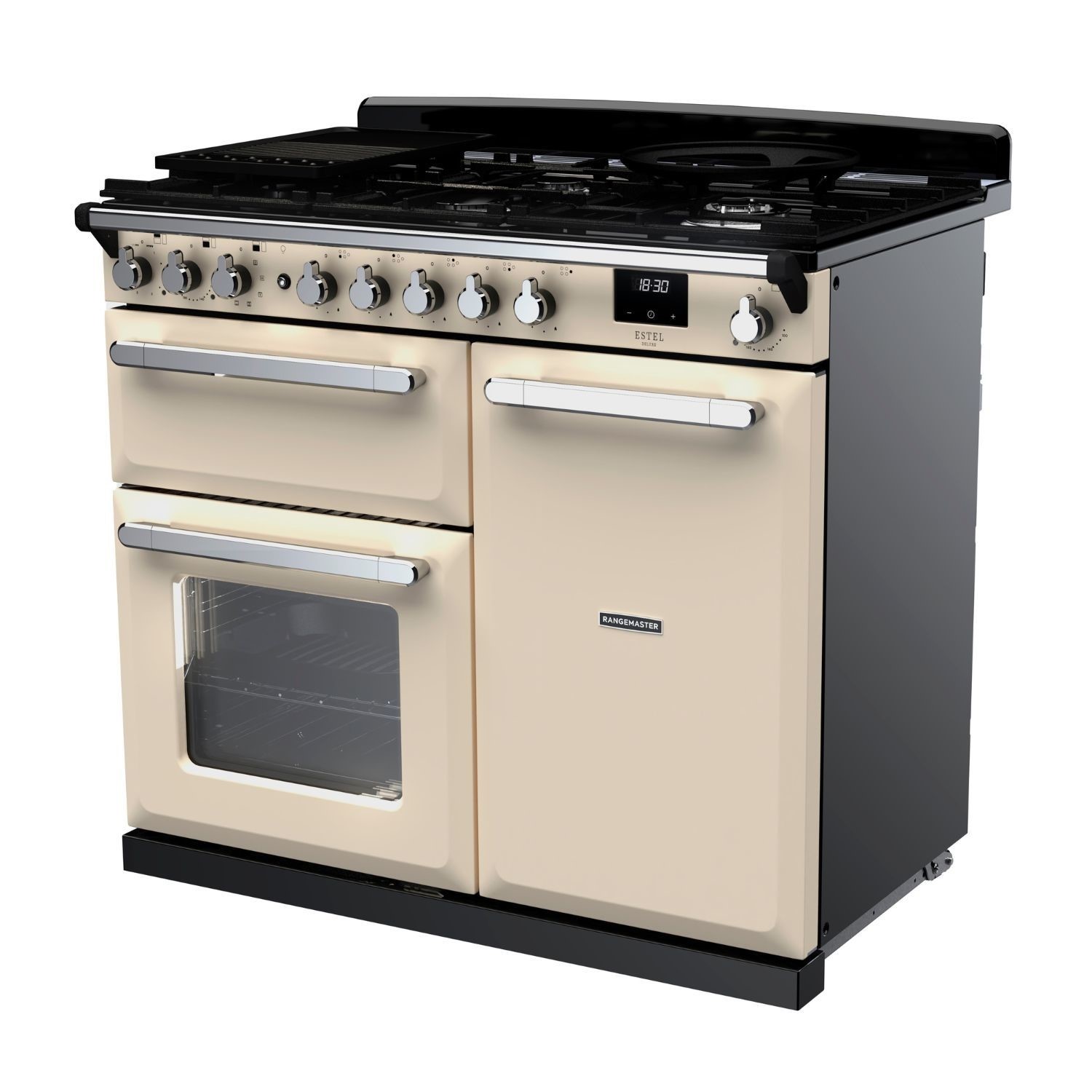 Rangemaster Estel Deluxe 100cm Dual Fuel Range Cooker - Pale Cream + Chrome - Image 3