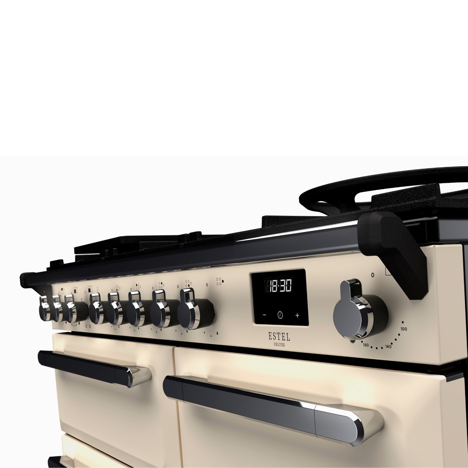 Rangemaster Estel Deluxe 100cm Dual Fuel Range Cooker - Pale Cream + Chrome - Image 2