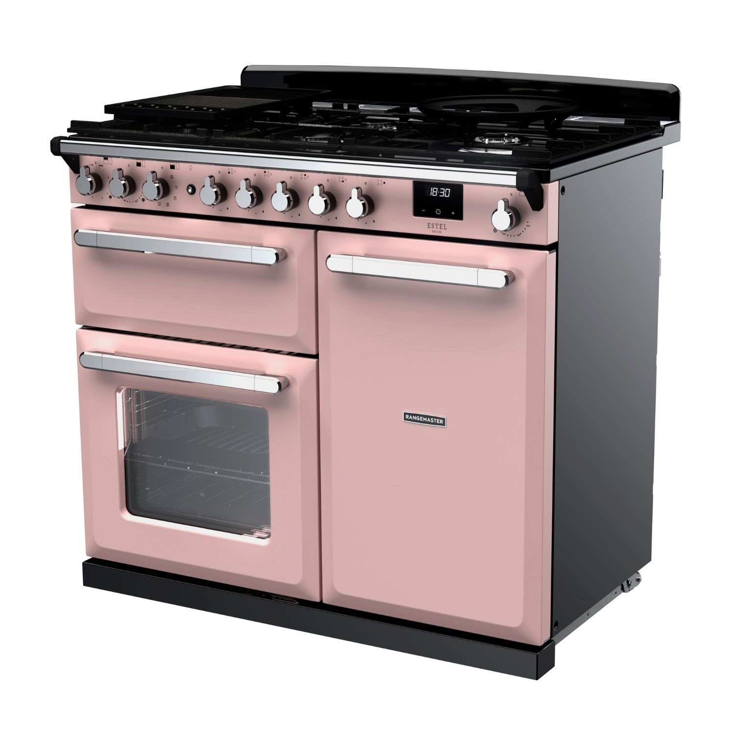 Rangemaster Estel Deluxe 100cm Dual Fuel Range Cooker - Pale Pink + Chrome - Image 3