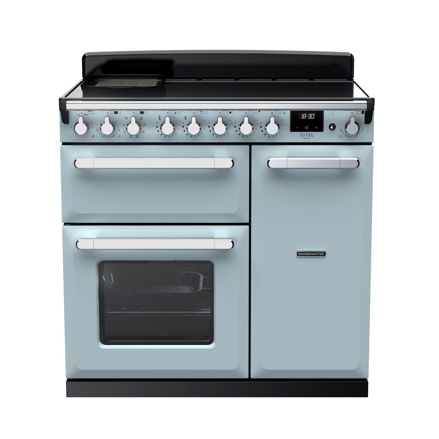 Rangemaster Estel Deluxe 100cm Induction Range Cooker - Misty Blue + Chrome