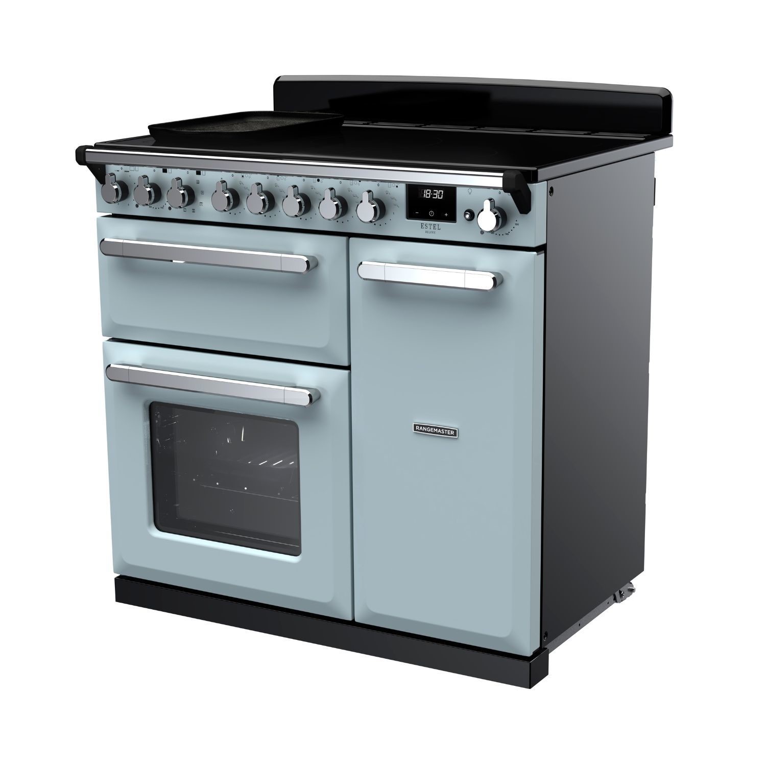 Rangemaster Estel Deluxe 90cm Induction Range Cooker - Misty Blue + Chrome - Image 2