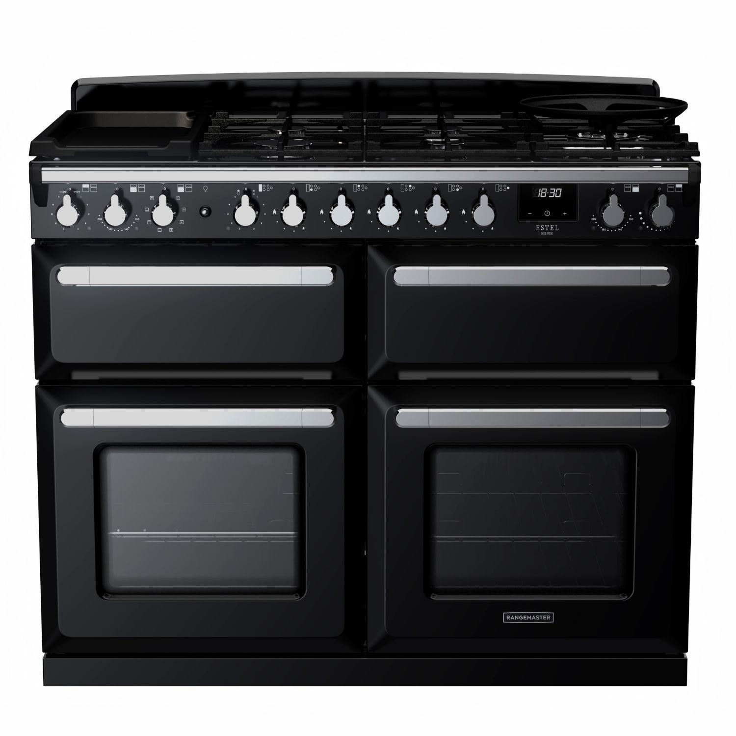 Rangemaster Estel Deluxe 110cm Dual Fuel Range Cooker - Gloss Black + Chrome