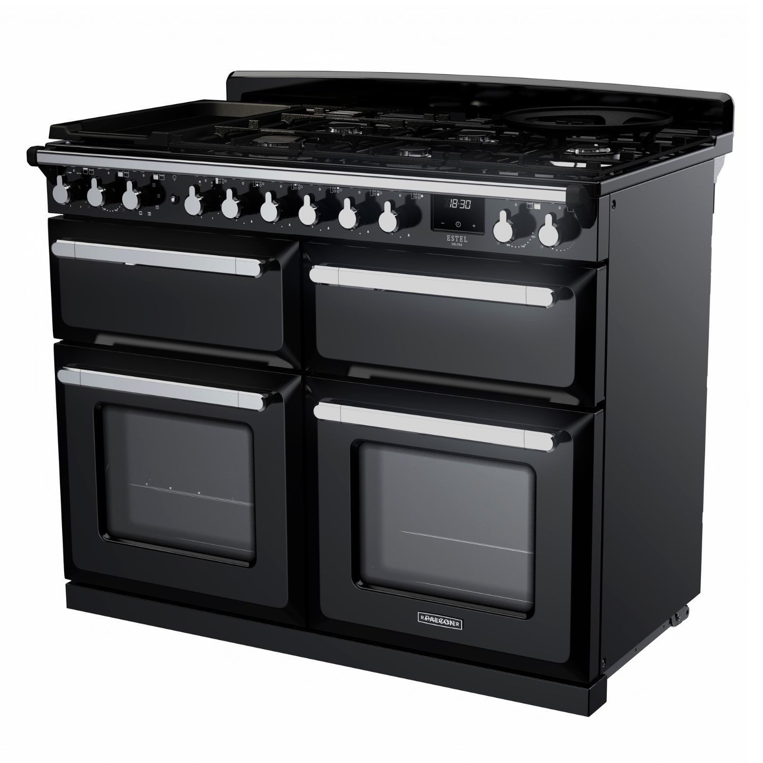 Rangemaster Estel Deluxe 110cm Dual Fuel Range Cooker - Gloss Black + Chrome - Image 5