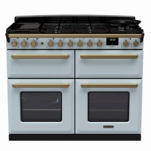 Rangemaster Estel Deluxe 110cm Dual Fuel Range Cooker - Misty Blue + Brass