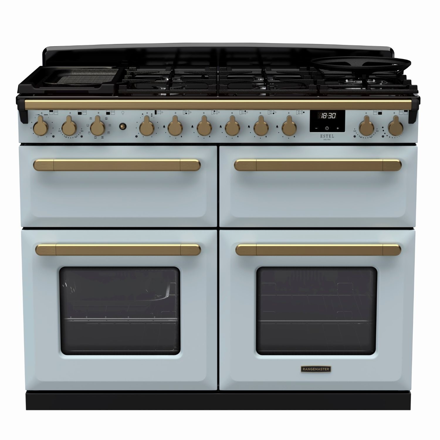 Rangemaster Estel Deluxe 110cm Dual Fuel Range Cooker - Misty Blue + Brass