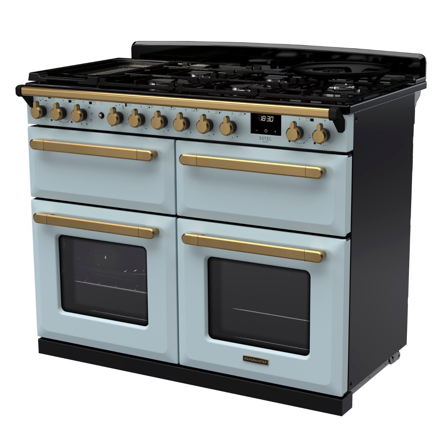 Rangemaster Estel Deluxe 110cm Dual Fuel Range Cooker - Misty Blue + Brass - Image 3