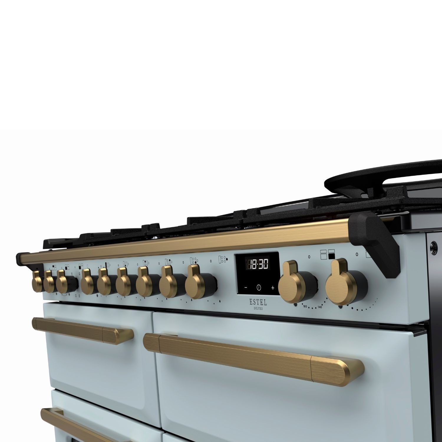Rangemaster Estel Deluxe 110cm Dual Fuel Range Cooker - Misty Blue + Brass - Image 2