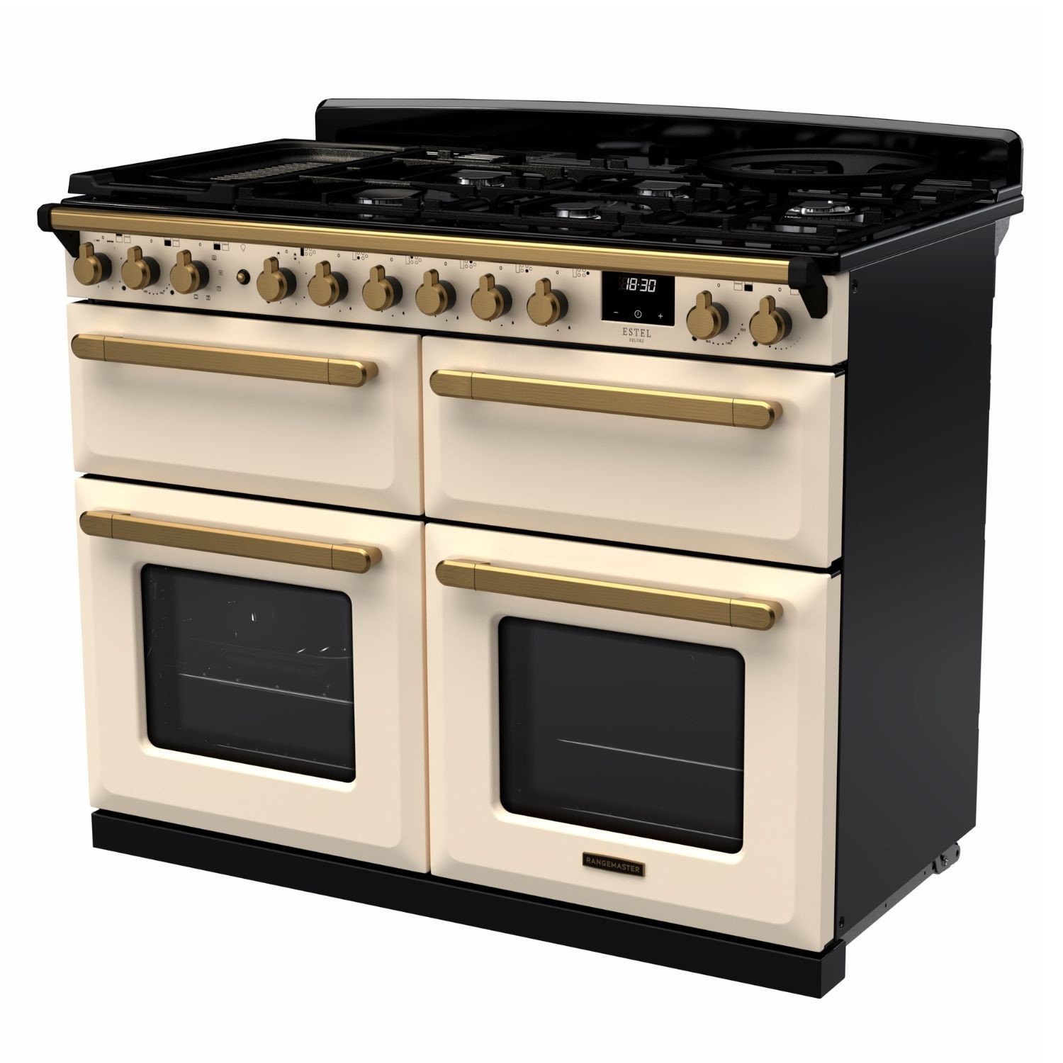 Rangemaster Estel Deluxe 110cm Dual Fuel Range Cooker - Pale Cream + Brass - Image 3