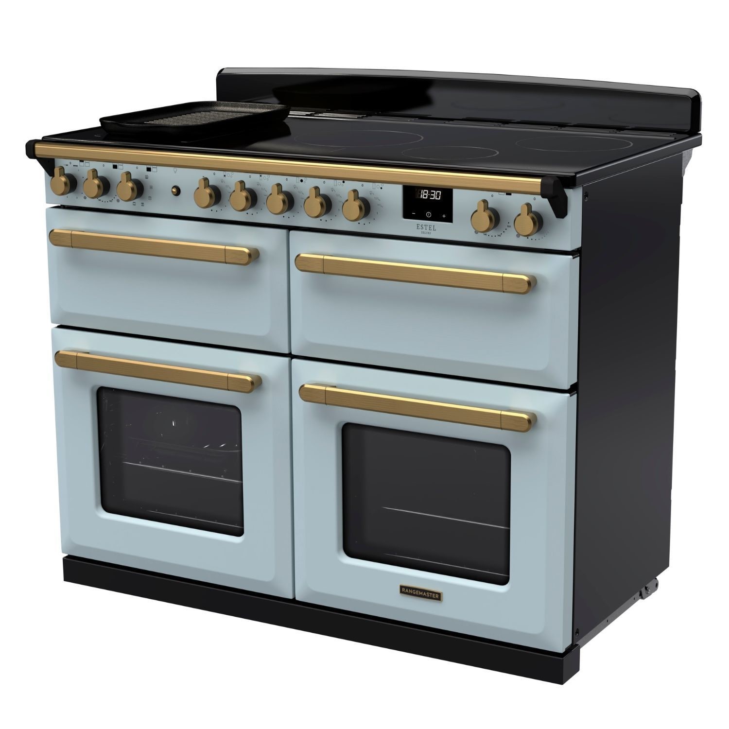 Rangemaster Estel Deluxe 110cm Induction Range Cooker - Misty Blue + Brass - Image 3