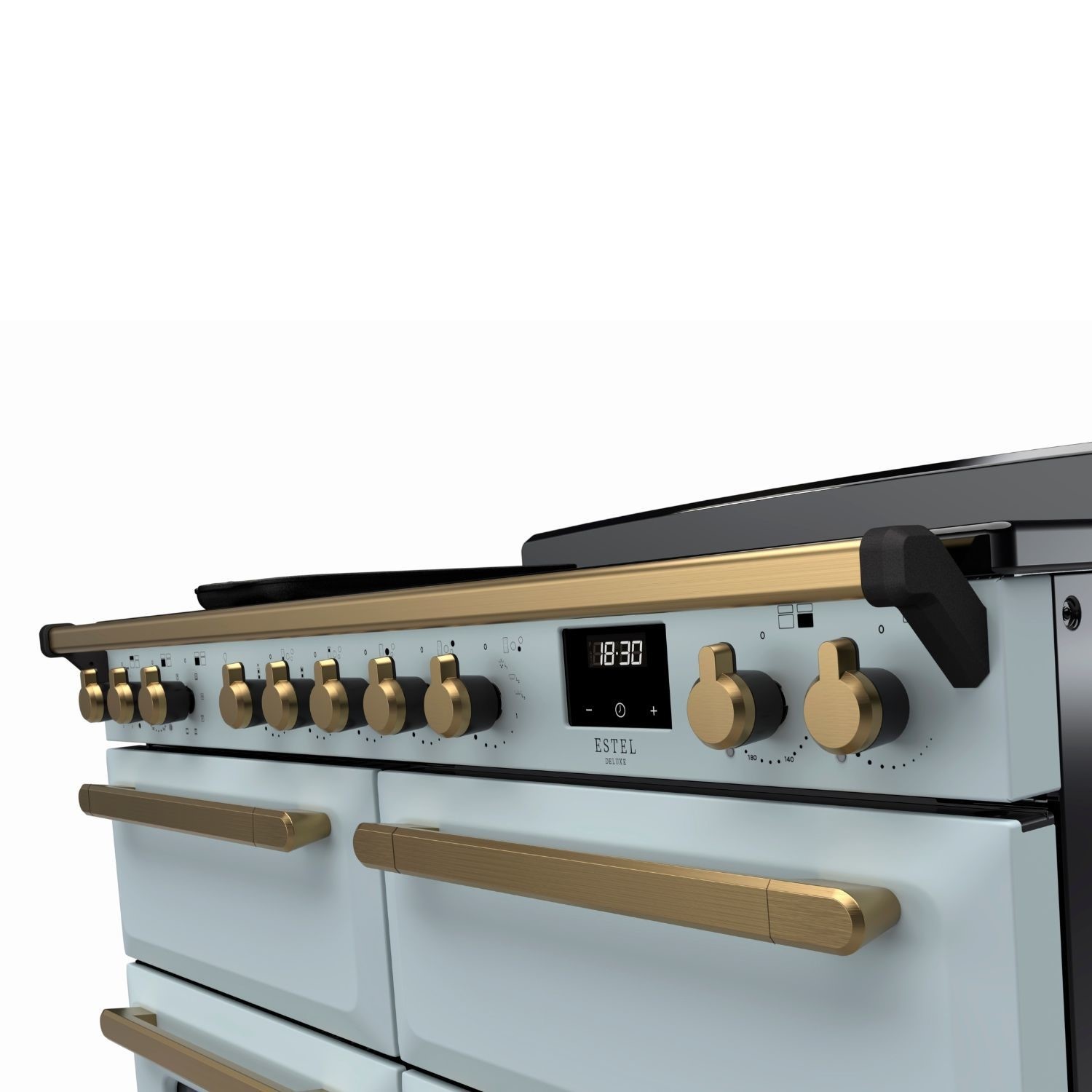 Rangemaster Estel Deluxe 110cm Induction Range Cooker - Misty Blue + Brass - Image 4