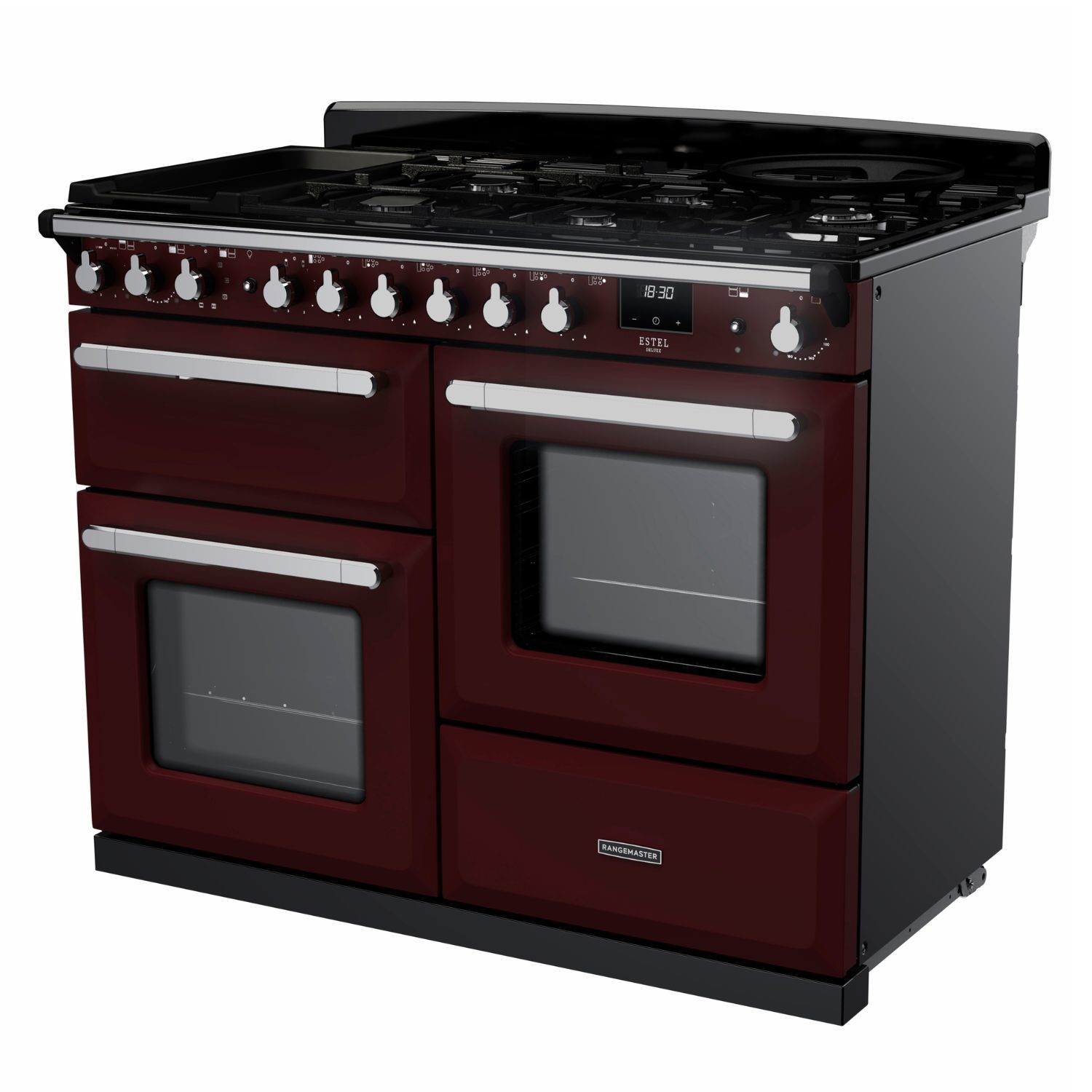 Rangemaster Estel Deluxe 110cm Dual Fuel Range Cooker - Bordeaux + Chrome - Image 4