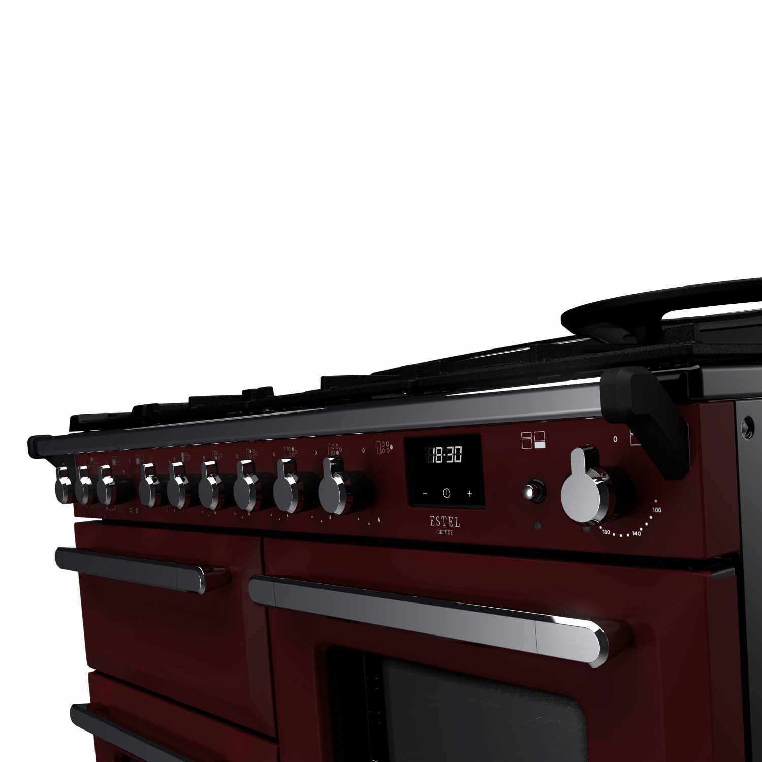 Rangemaster Estel Deluxe 110cm Dual Fuel Range Cooker - Bordeaux + Chrome - Image 3