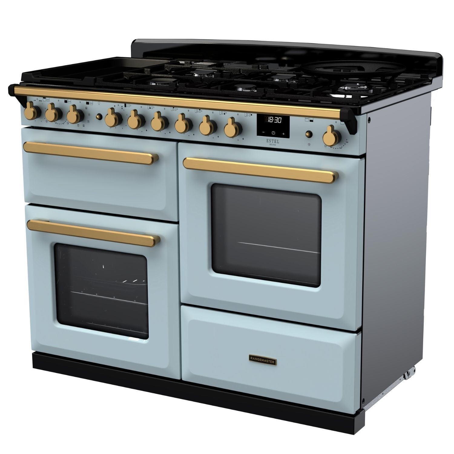 Rangemaster Estel Deluxe 110cm Dual Fuel Range Cooker - Misty Blue + Brass - Image 3
