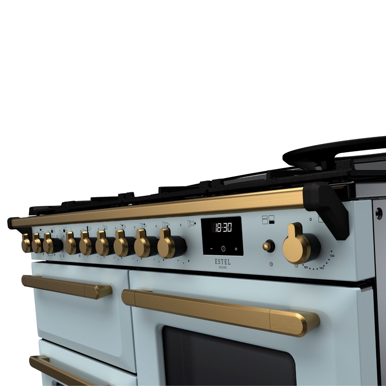 Rangemaster Estel Deluxe 110cm Dual Fuel Range Cooker - Misty Blue + Brass - Image 2