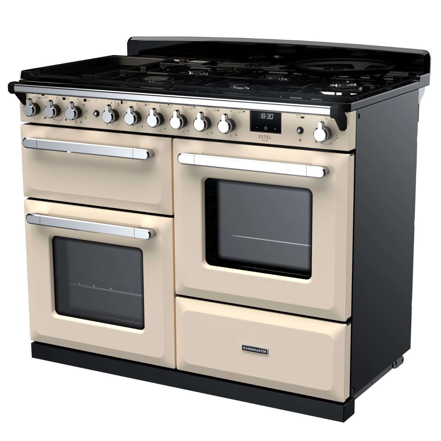 Rangemaster Estel Deluxe 110cm Dual Fuel Range Cooker - Pale Cream + Chrome - Image 3