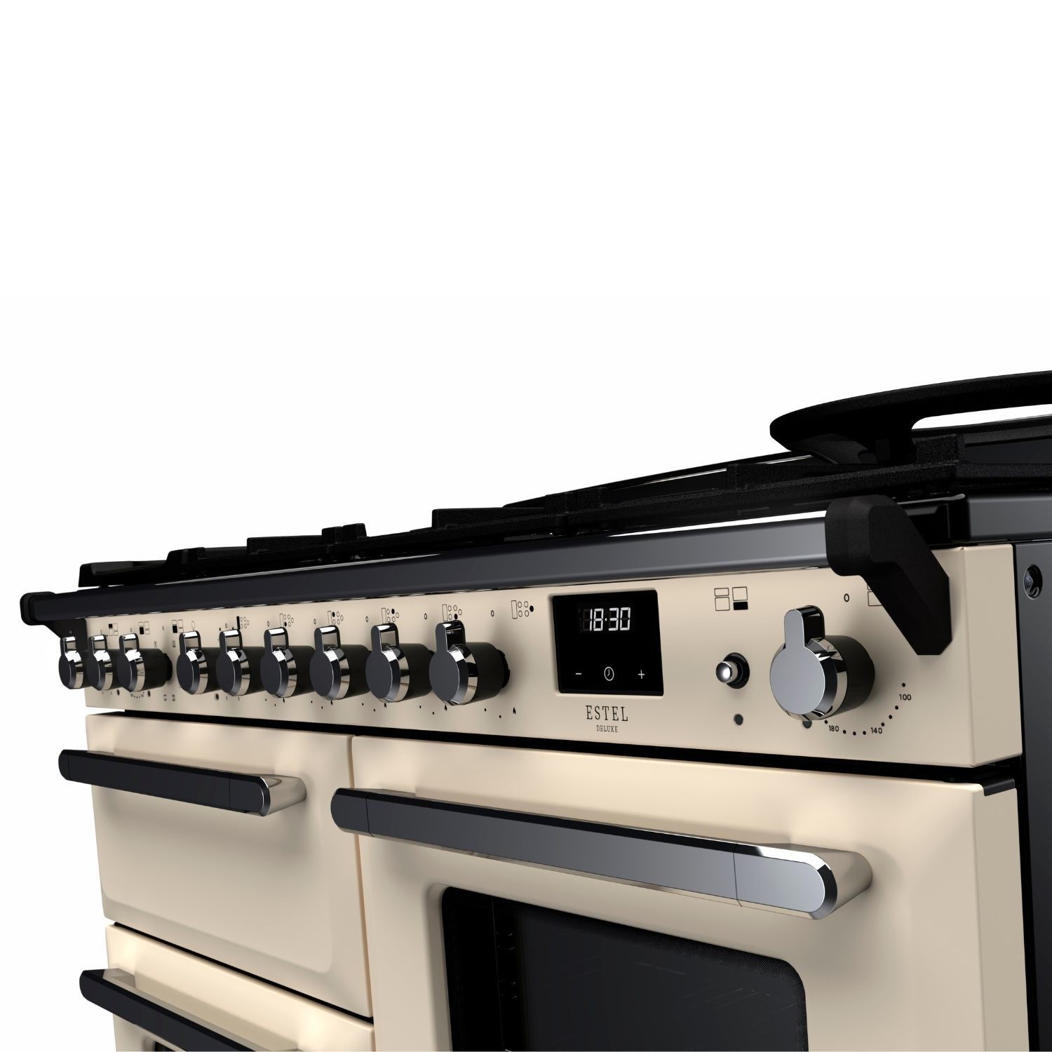 Rangemaster Estel Deluxe 110cm Dual Fuel Range Cooker - Pale Cream + Chrome - Image 2