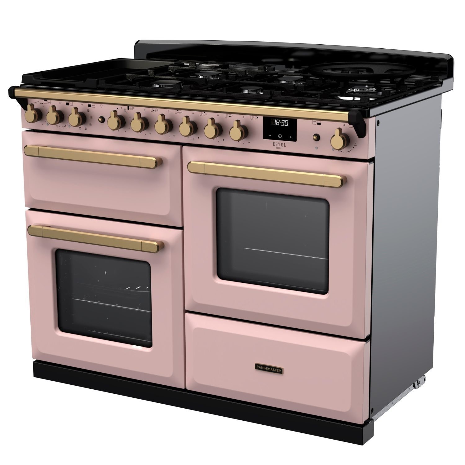 Rangemaster Estel Deluxe 110cm Dual Fuel Range Cooker - Pale Pink + Brass - Image 3