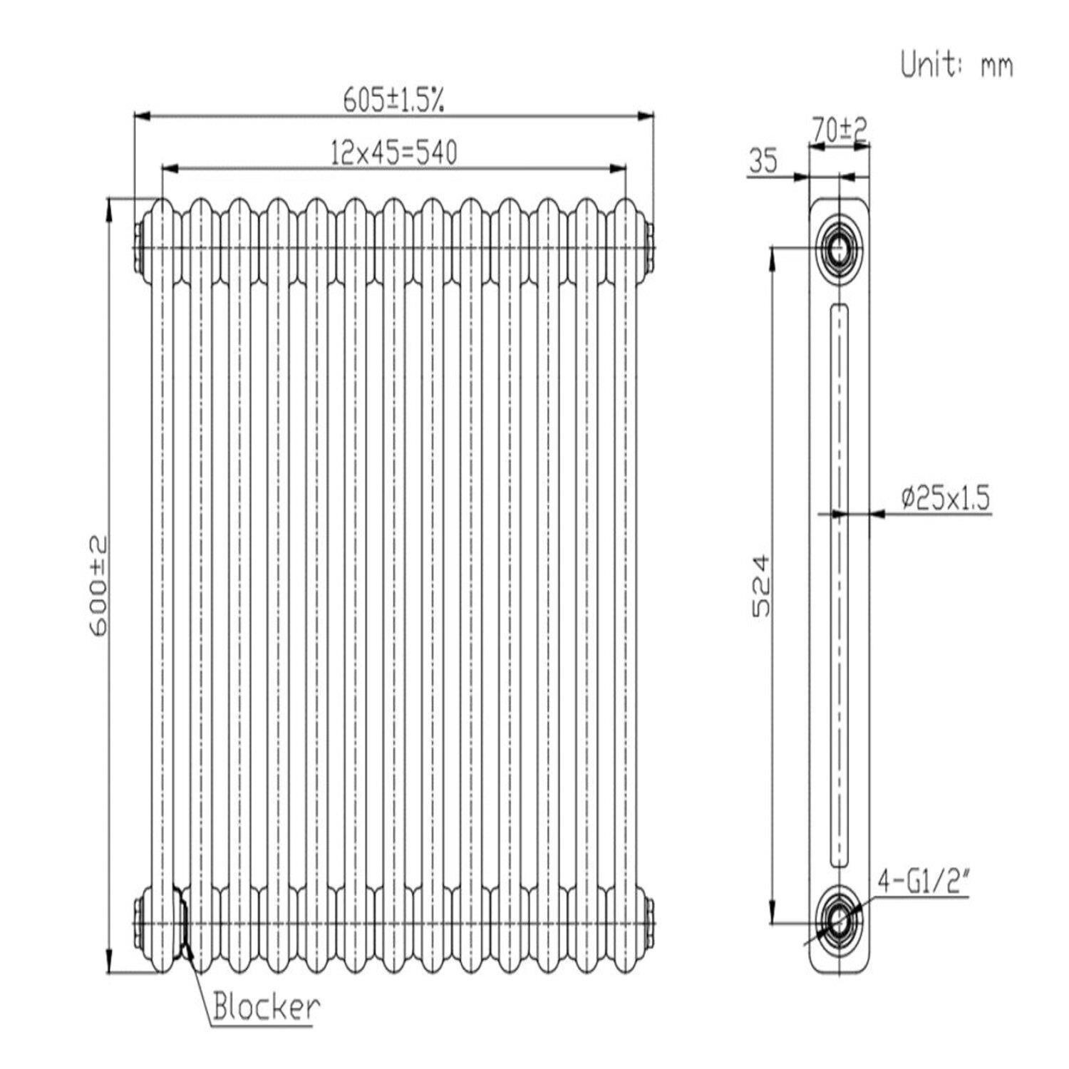 Anthracite Horizontal 2 Column Traditional Radiator 600 x 605mm - Nambi - Image 4
