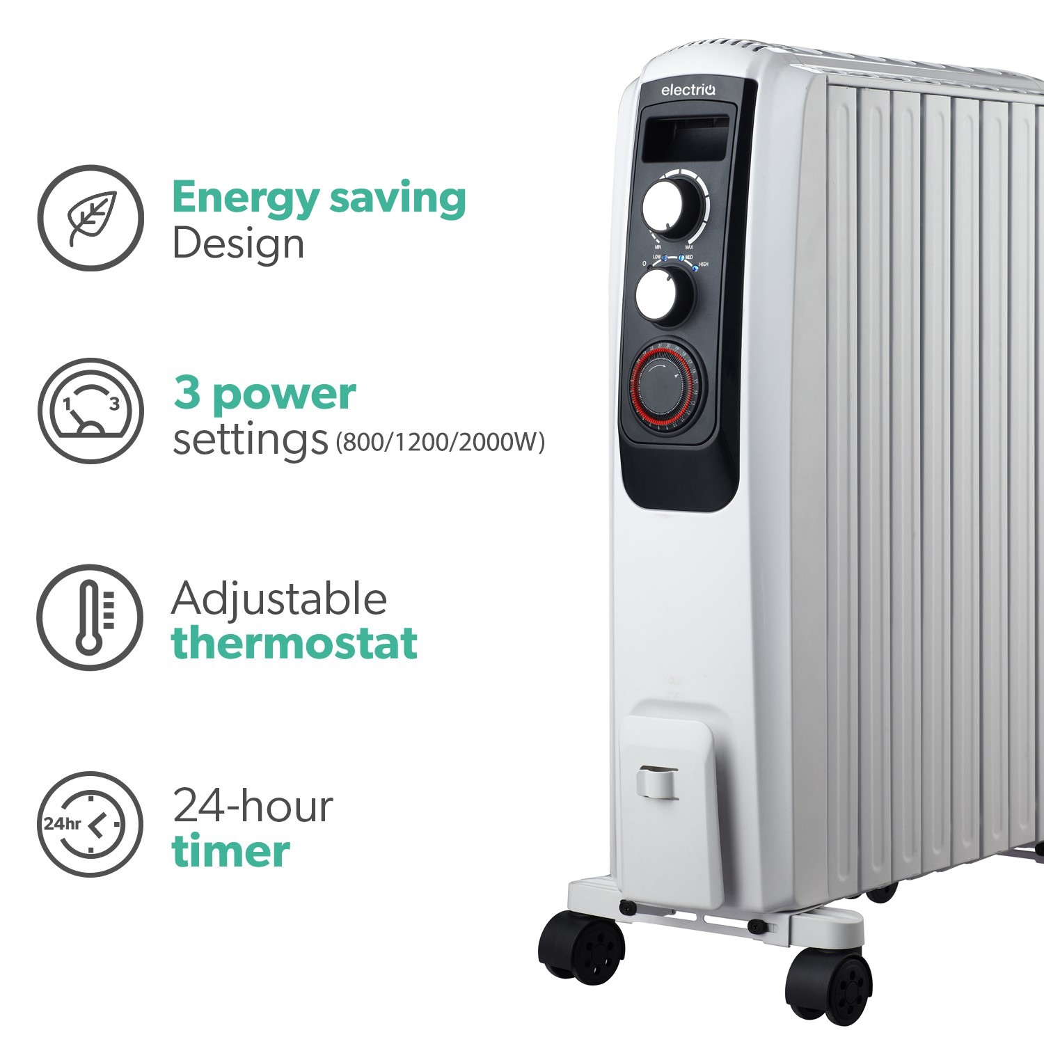 electriQ 2000W Oil Filled Radiator with Thermostat and 24 hr Timer - White - Image 2