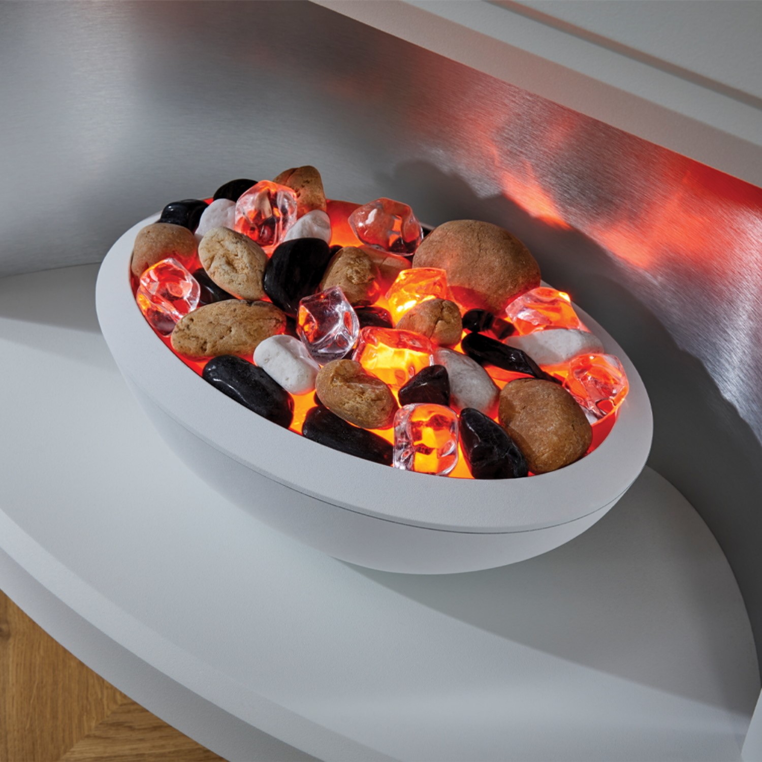 Suncrest Stockeld Electric Fireplace Suite in White with Glowing Pebble Bowl - Image 4