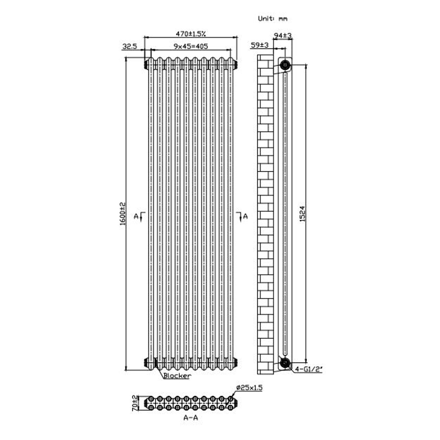 Black Vertical 2 Column Traditional Radiator 1600 x 470mm - Nambi - Image 4