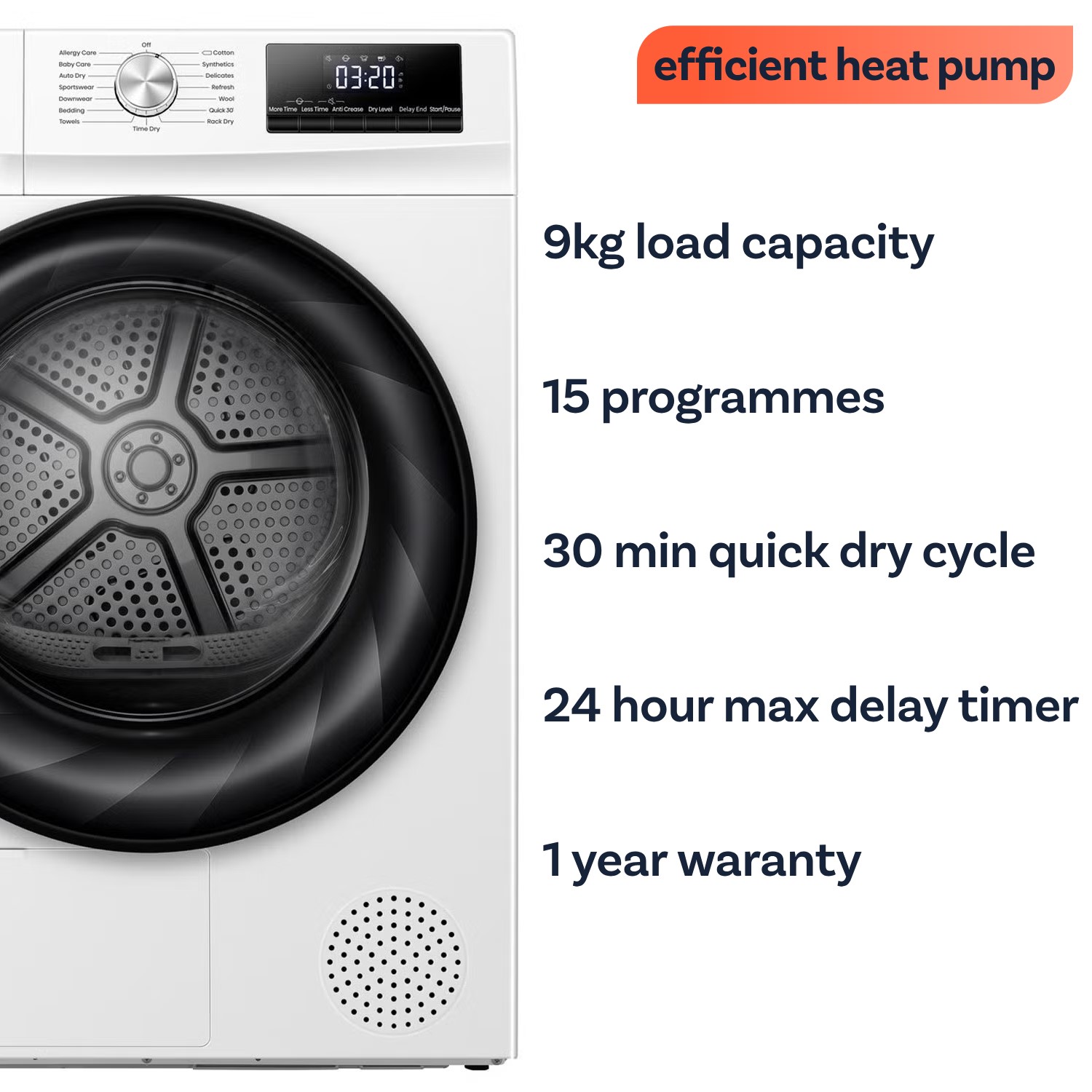 electriQ 9kg Heat Pump Tumble Dryer - White - Image 2