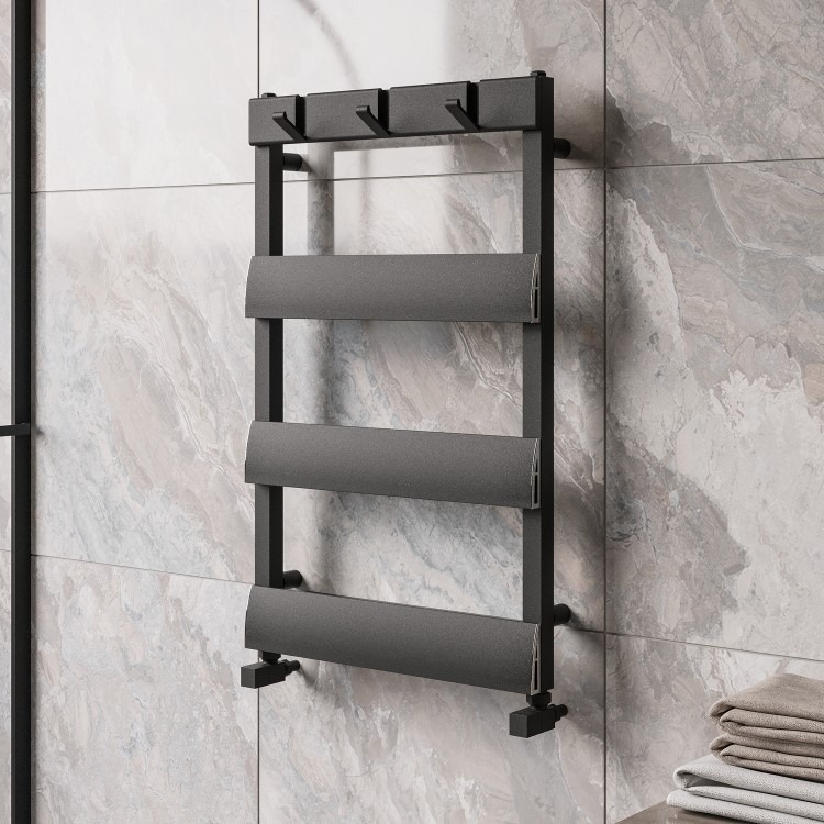 Black Towel Radiator with Hooks 800 x 500mm - Arizona - Image 2