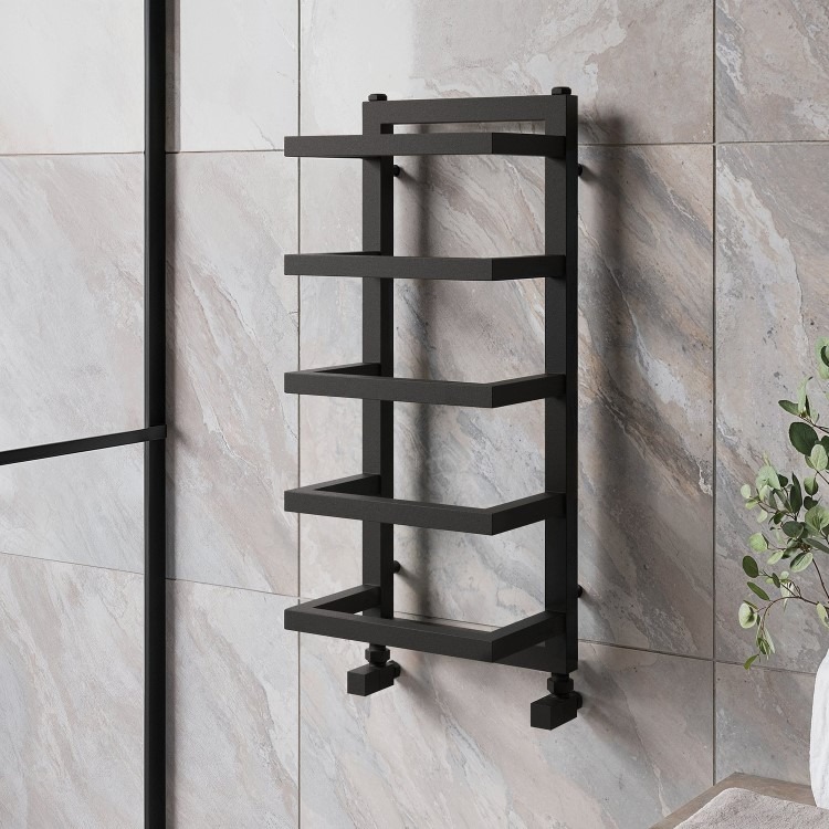 Black Vertical Heated Towel Shelf Radiator 700 x 300mm - Cairo - Image 2