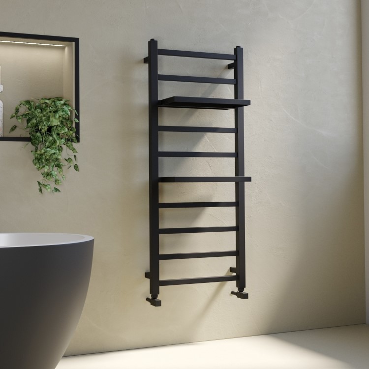 Black Towel Radiator with Shelves 1200 x 500mm - Sonoran - Image 2