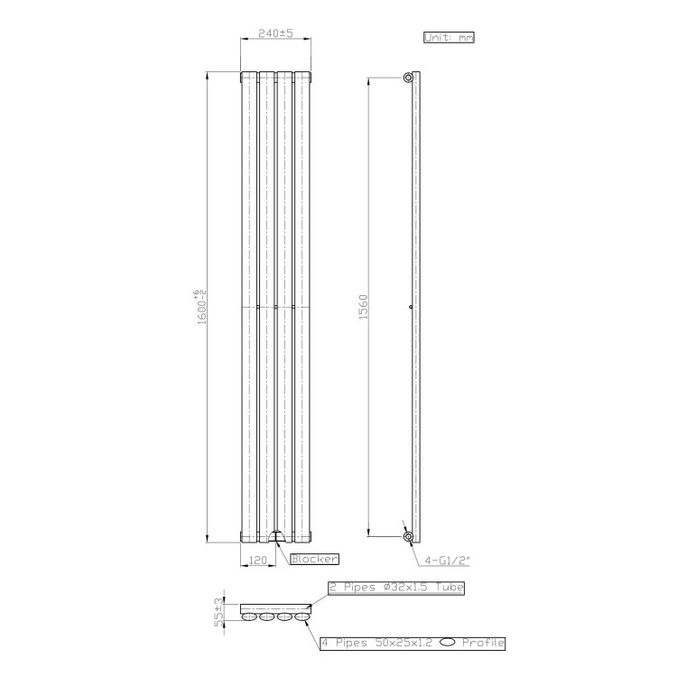 Anthracite Vertical Double Panel Radiator 1600 x 240mm - Margo - Image 3