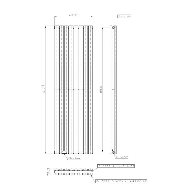 Anthracite Vertical Double Panel Radiator 1600 x 480mm - Margo - Image 3