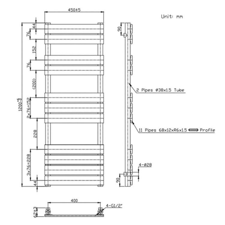 Anthracite Towel Radiator 1200 x 450mm - Tundra - Image 3