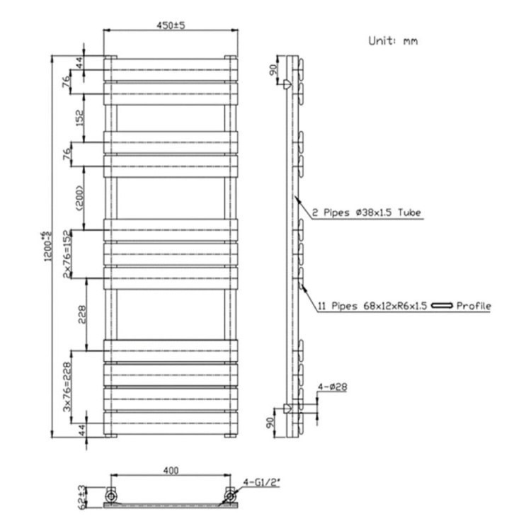 Black Towel Radiator 1200 x 450mm - Tundra - Image 3