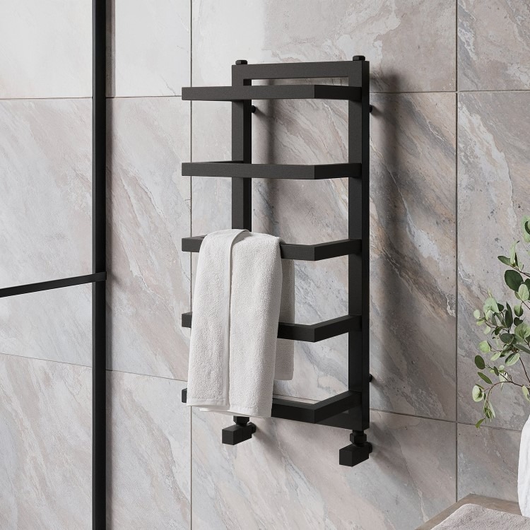 Black Vertical Heated Towel Shelf Radiator 700 x 300mm - Cairo - Image 3