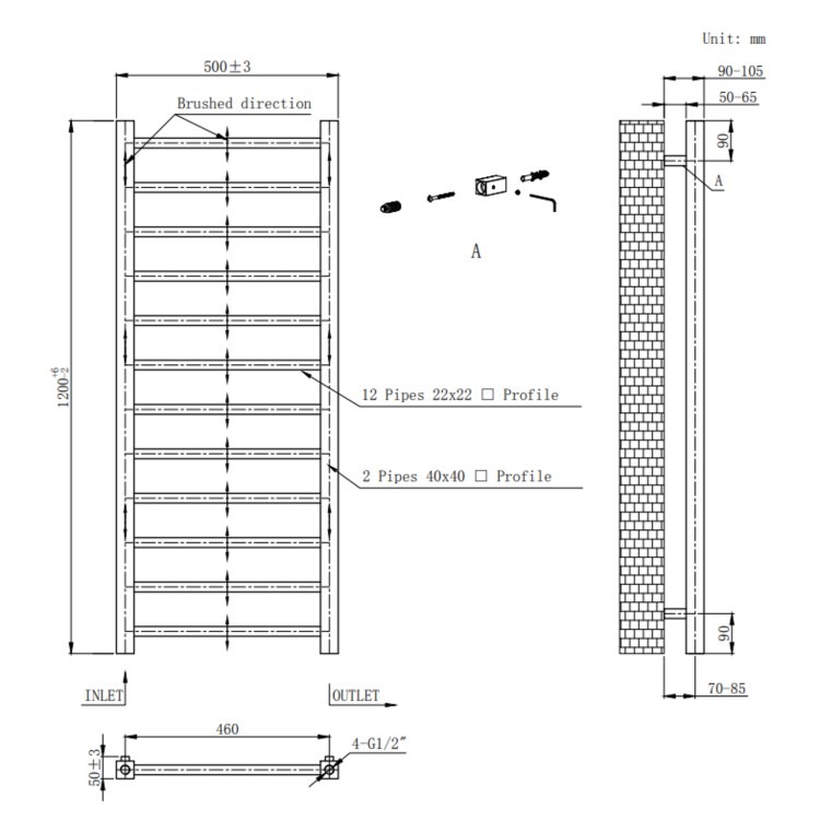 Black Towel Radiator 1200 x 500mm - Sonoran - Image 4