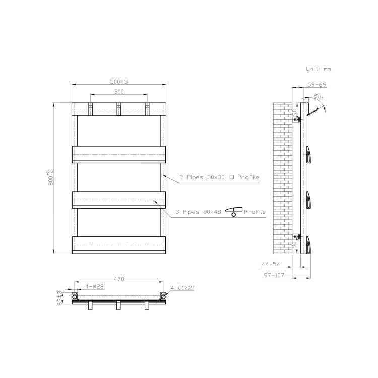 Black Towel Radiator with Hooks 800 x 500mm - Arizona - Image 6