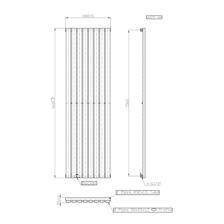 Anthracite Vertical Single Panel Radiator with Towel Bar 1600 x 480mm - Margo - Image 5