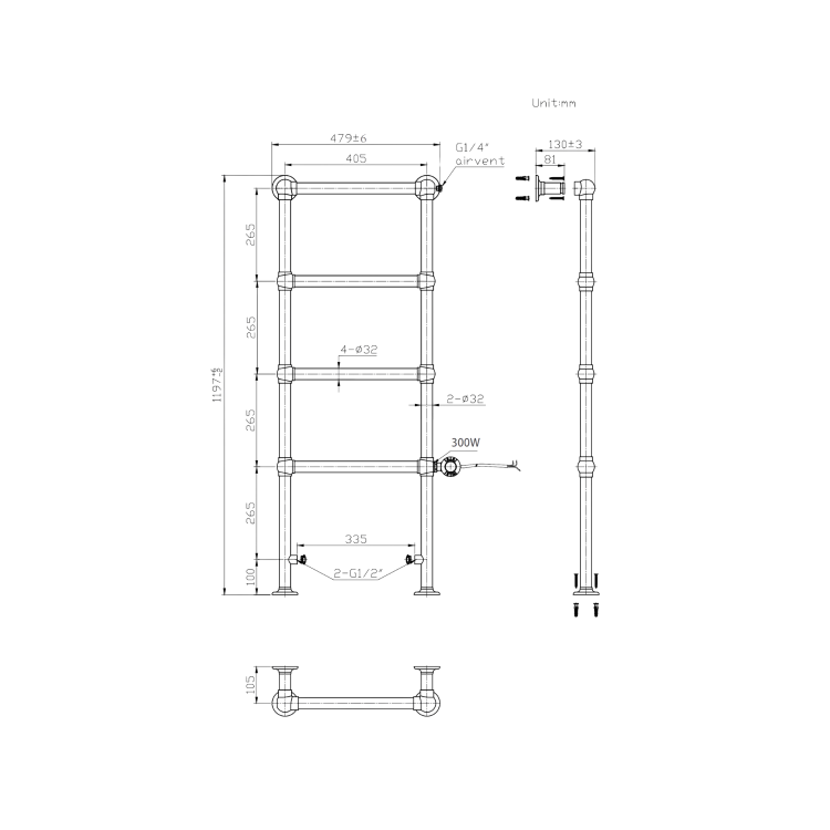 Black Vertical Electric Towel Radiator 1200 x 479mm - Regent - Image 6