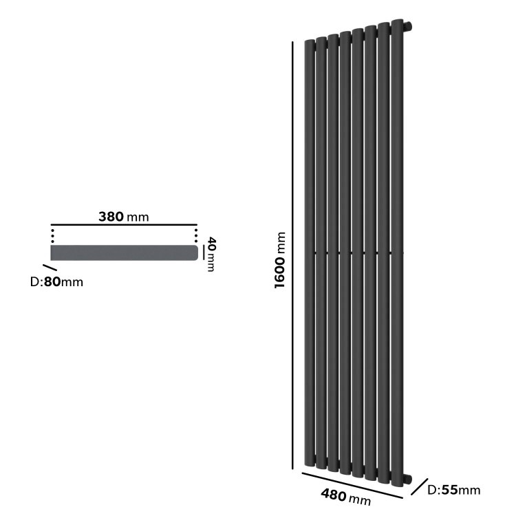 Anthracite Vertical Single Panel Radiator with Towel Bar 1600 x 480mm - Margo - Image 6