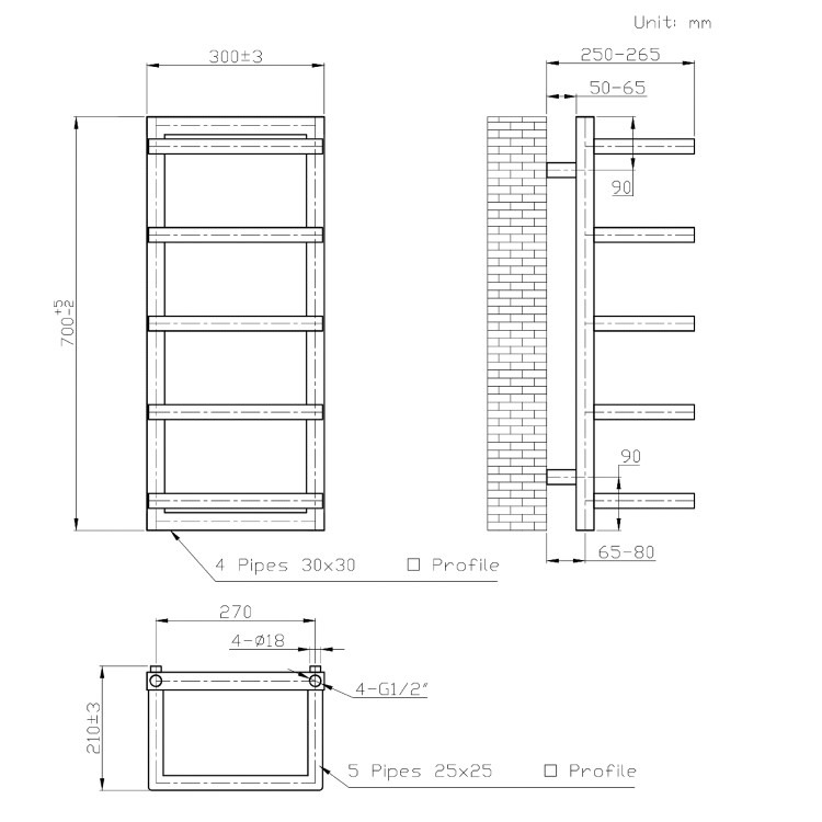 Black Vertical Heated Towel Shelf Radiator 700 x 300mm - Cairo - Image 7