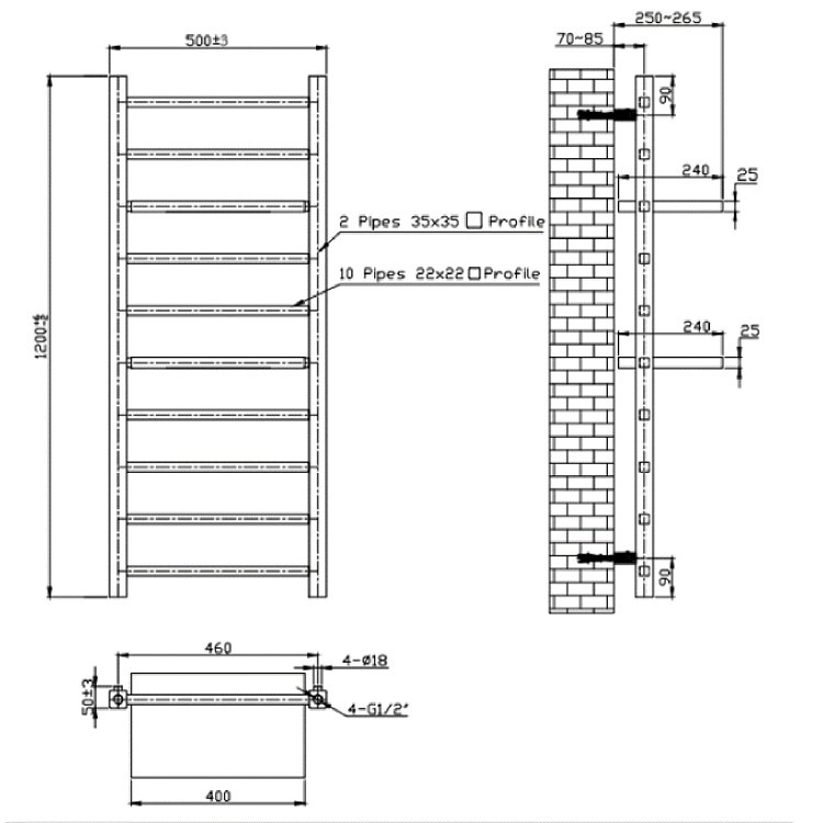 Black Towel Radiator with Shelves 1200 x 500mm - Sonoran - Image 5