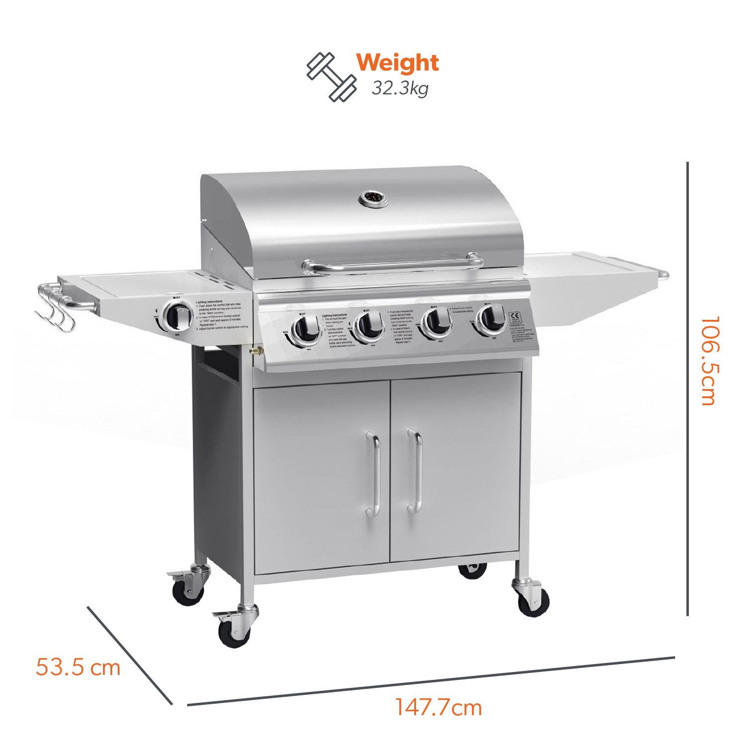 Boss Grill Georgia Classic - 4 Burner Gas BBQ Grill with Side Burner - Silver - Image 7