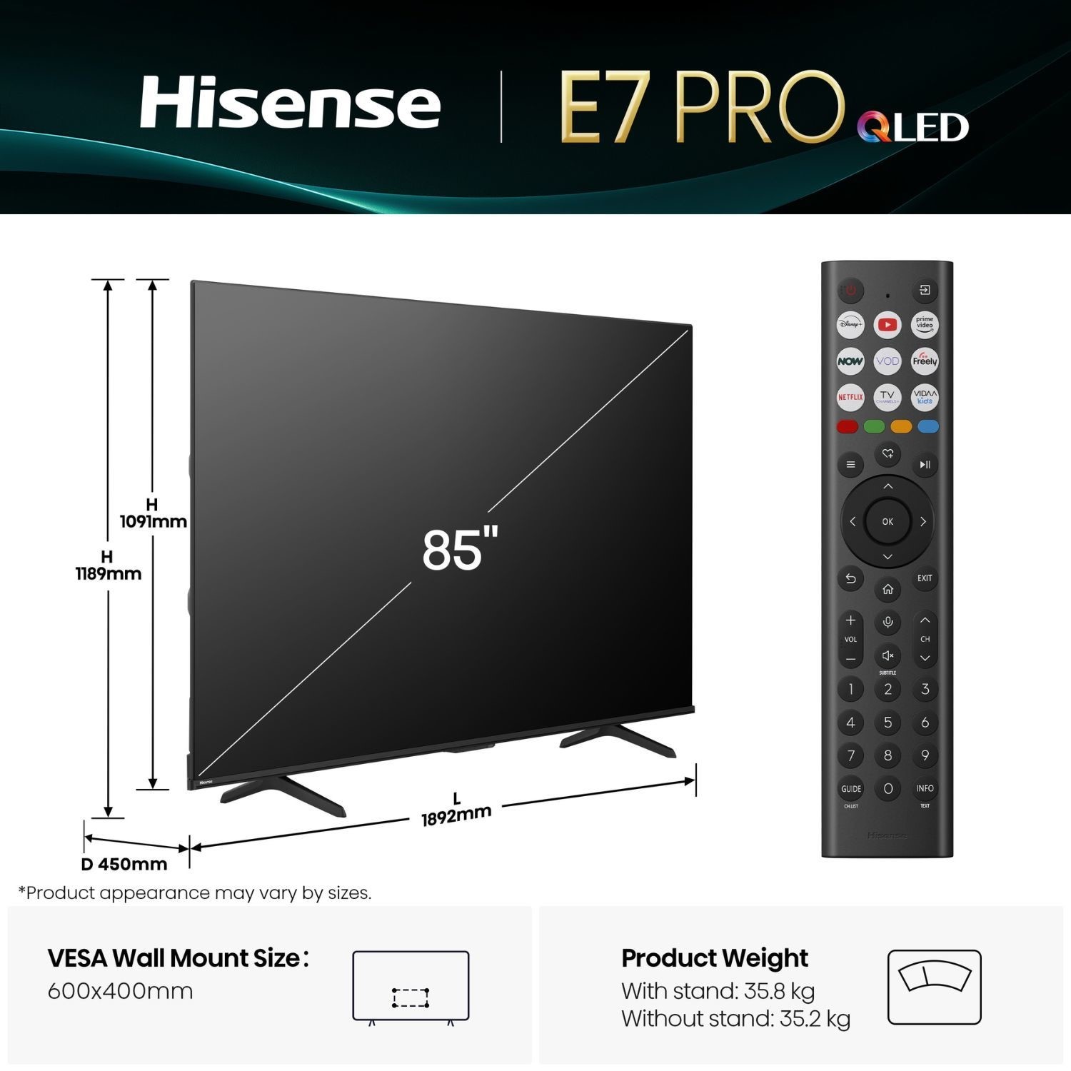 Hisense E78QTUK PRO 85 inch Smart 4K Ultra HD QLED TV - Image 3