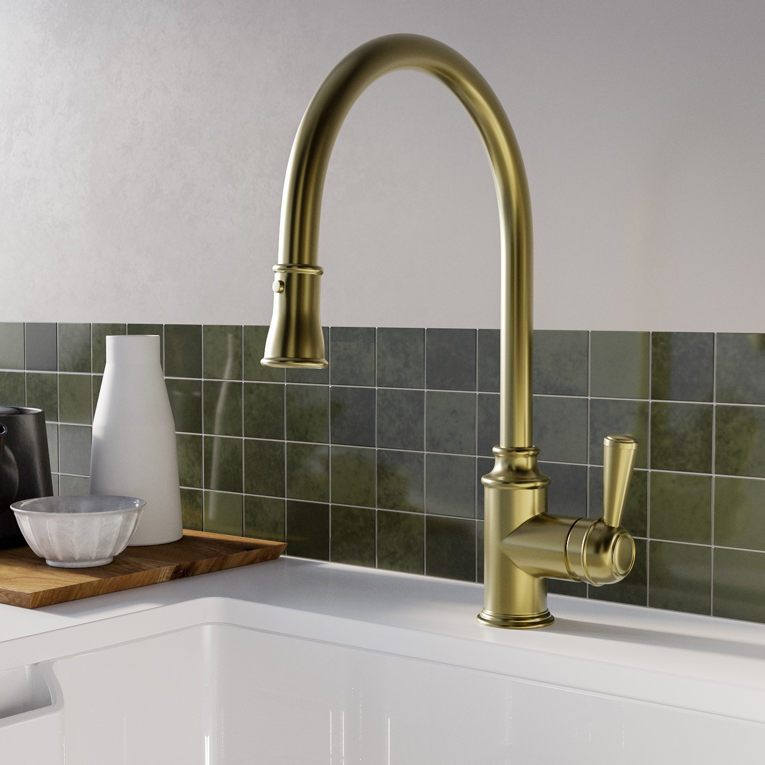 1 Bowl White Reversible Ceramic Inset Kitchen Sink with Brushed Brass Pull Out Mixer Tap Set - Taylor & Moore - Image 4